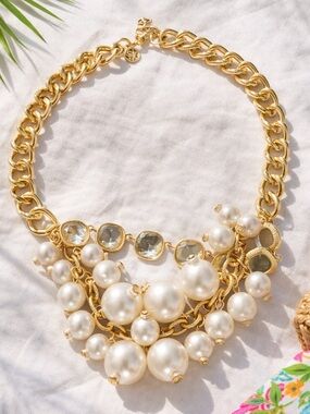 Lilly Pulitzer Pink Palms Pearl Cluster Statement Necklace Gold NWOT